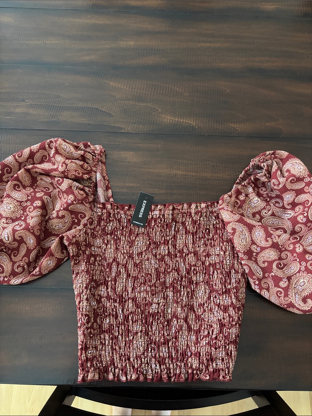 Express Maroon Paisley Smocked Puff-Sleeve Crop Top